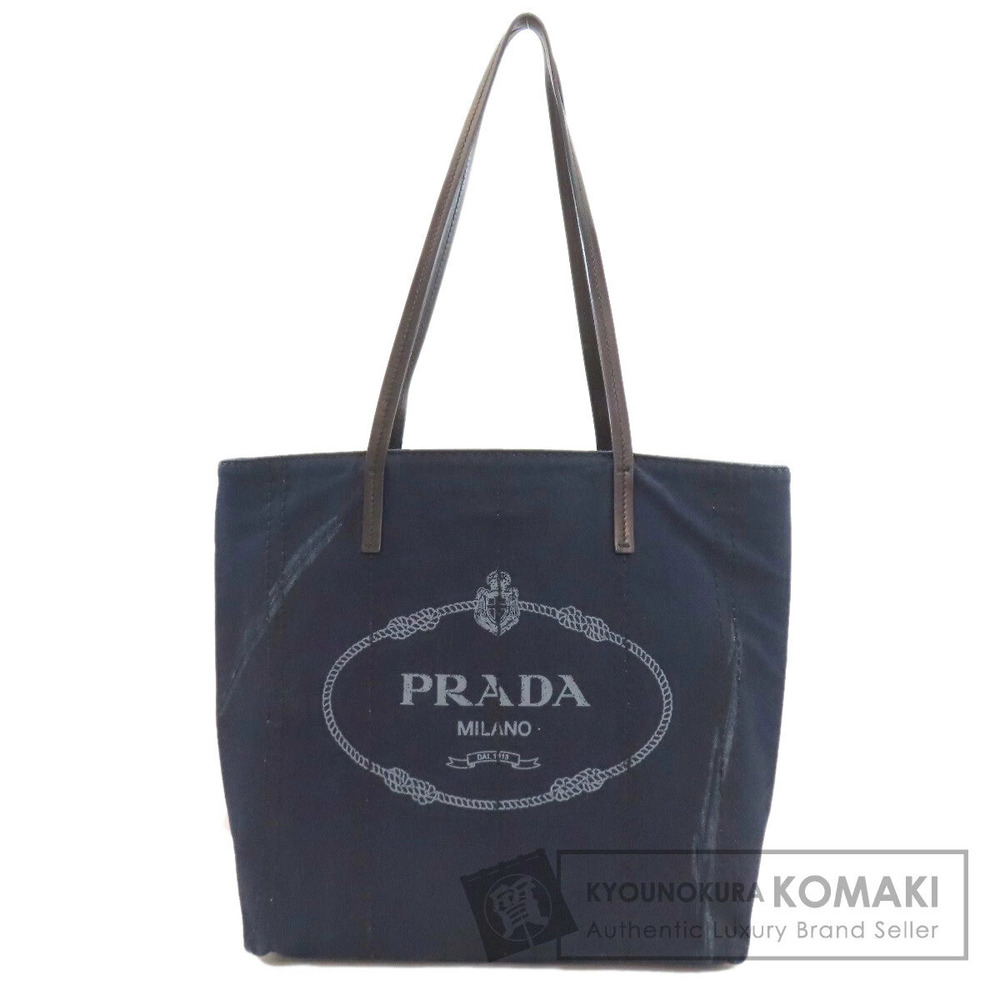 Prada Milano tote bag navy blue leather prominent embroidered